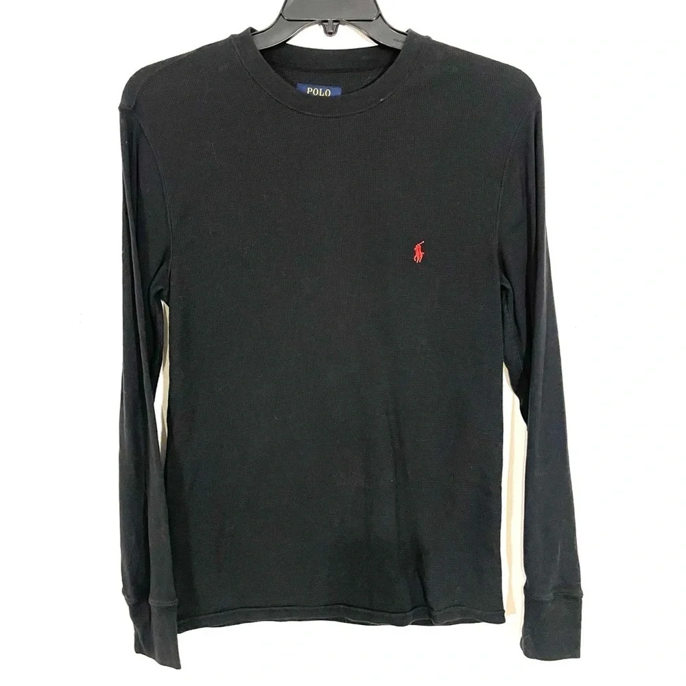 Polo Ralph Lauren Waffle Knit Thermal Shirt With Smooth Long Sleeve Black Sz M